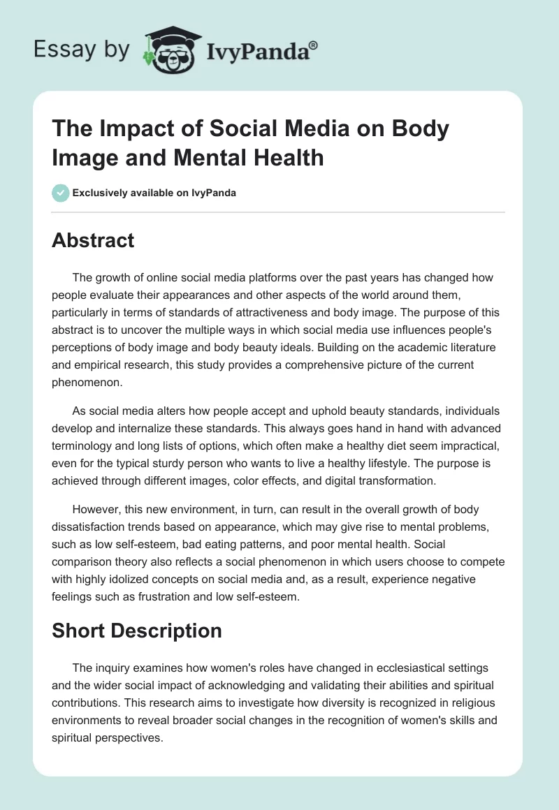 The Impact of Social Media on Body Image and Mental Health. Page 1