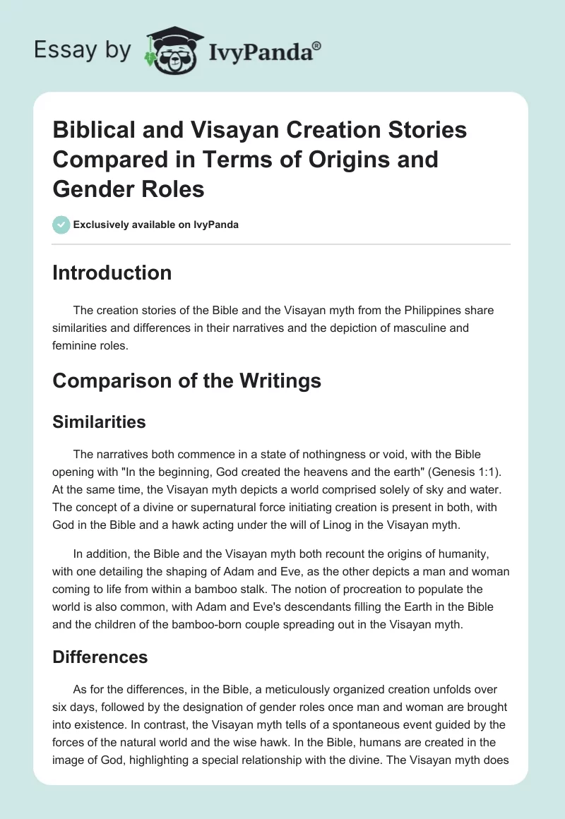 Biblical and Visayan Creation Stories Compared in Terms of Origins and Gender Roles. Page 1