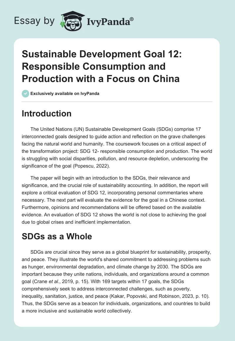 Sustainable Development Goal 12: Responsible Consumption and Production with a Focus on China. Page 1