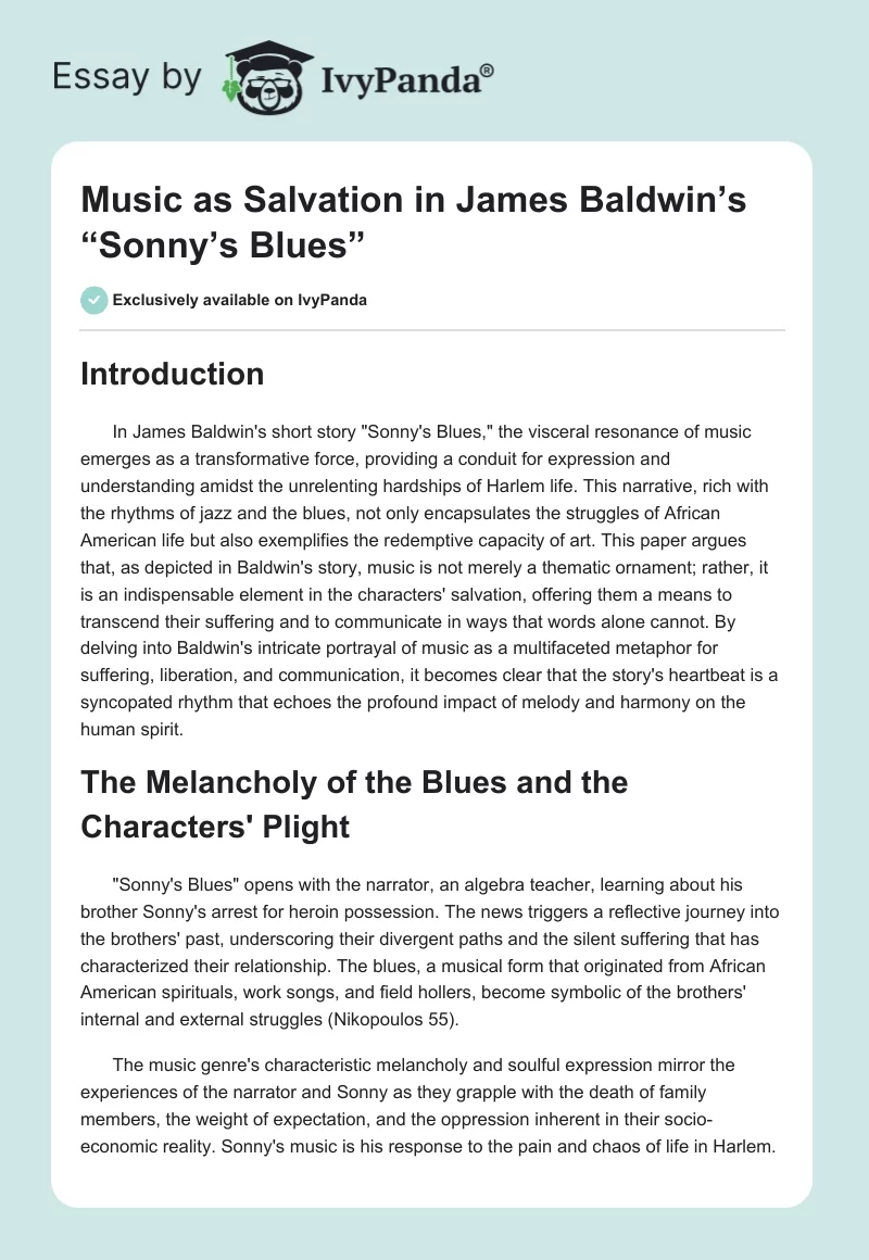 Music as Salvation in James Baldwin’s “Sonny’s Blues”. Page 1
