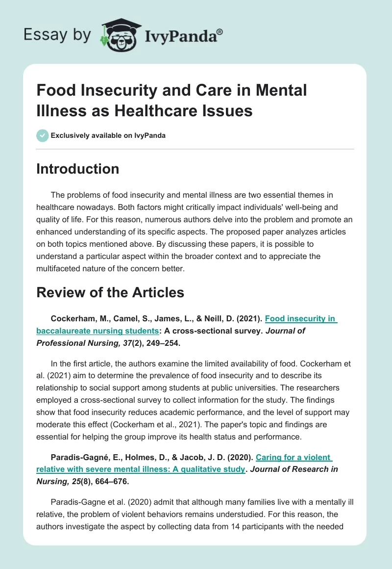Food Insecurity and Care in Mental Illness as Healthcare Issues. Page 1