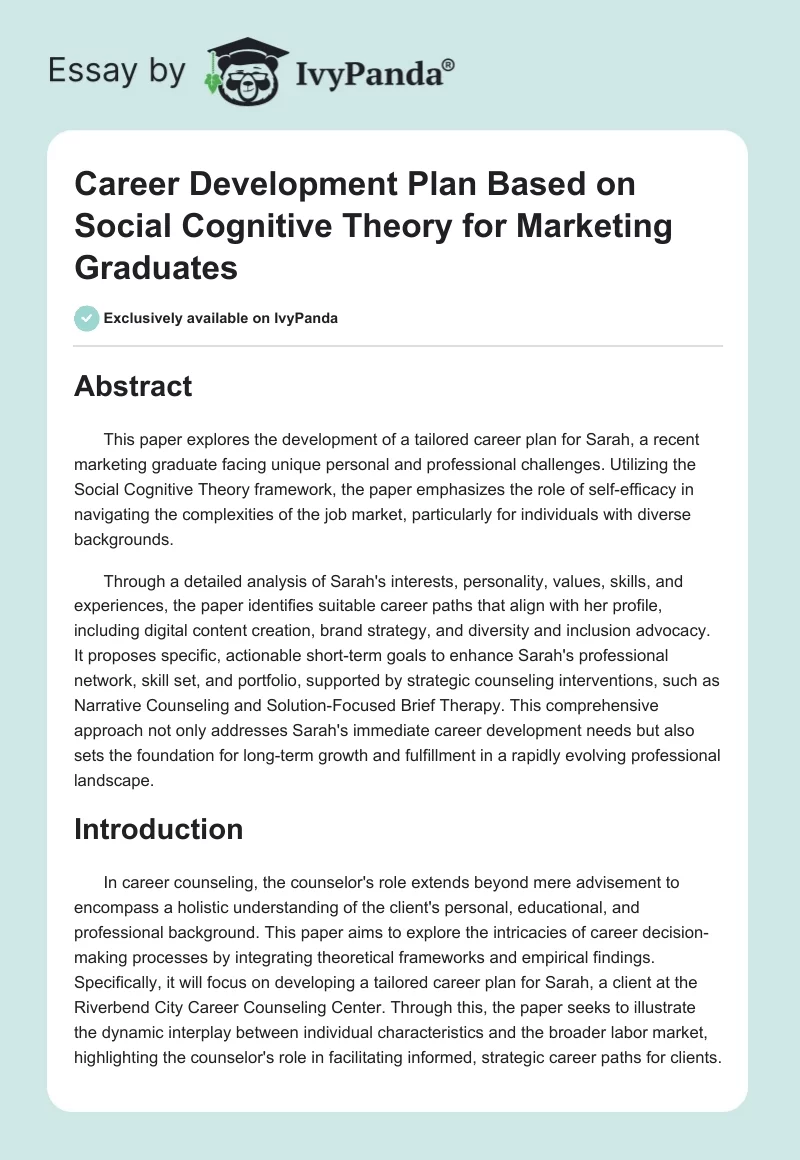 Career Development Plan Based on Social Cognitive Theory for Marketing Graduates. Page 1