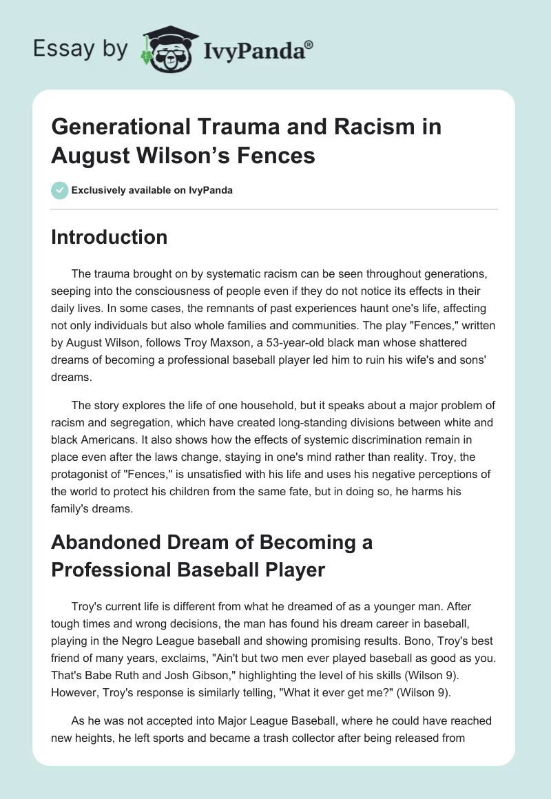 Generational Trauma and Racism in August Wilson’s Fences. Page 1