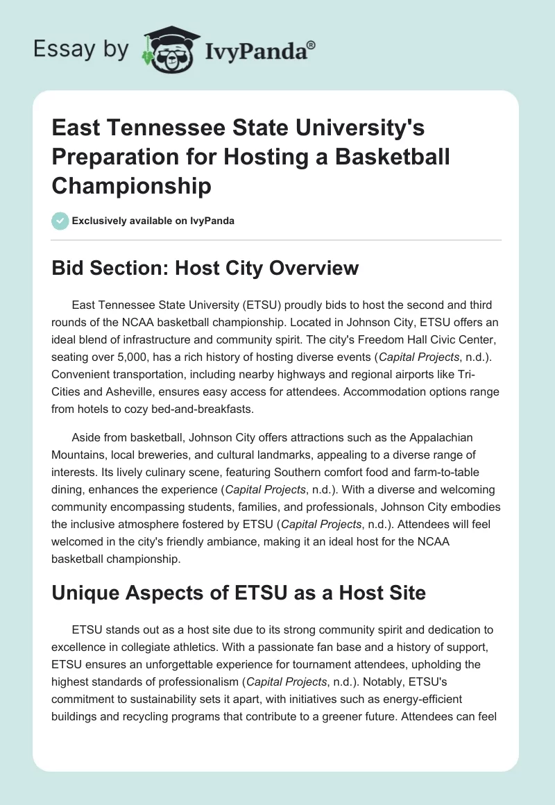 East Tennessee State University's Preparation for Hosting a Basketball Championship. Page 1