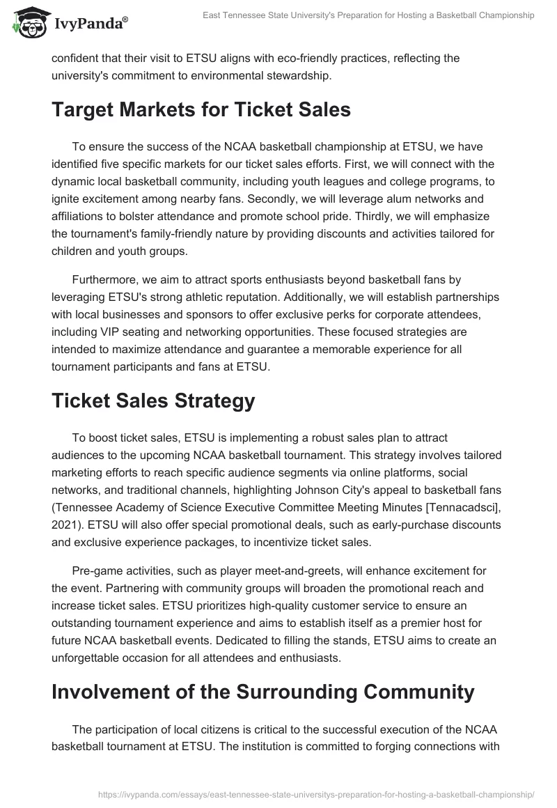 East Tennessee State University's Preparation for Hosting a Basketball Championship. Page 2