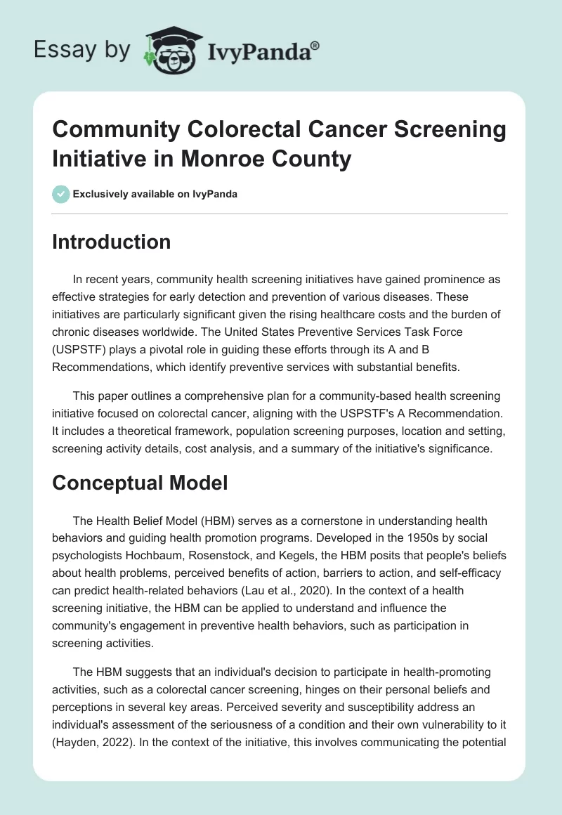 Community Colorectal Cancer Screening Initiative in Monroe County. Page 1
