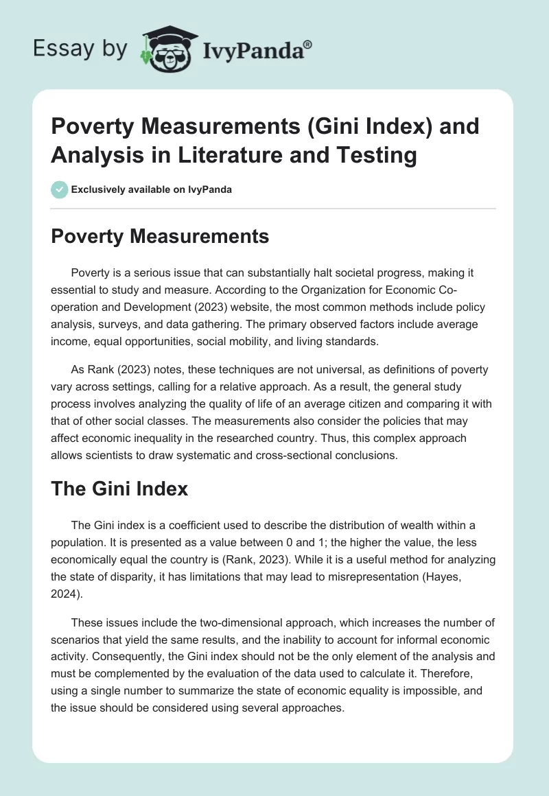 Poverty Measurements (Gini Index) and Analysis in Literature and Testing. Page 1