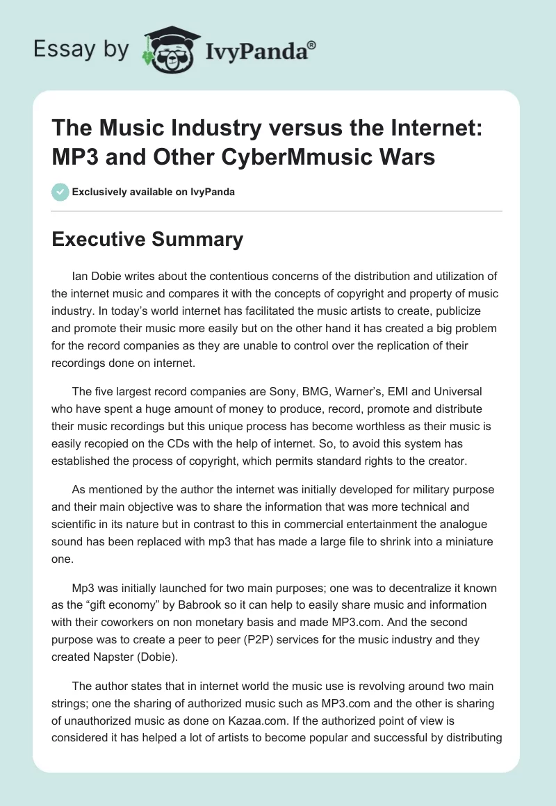 The Music Industry Versus the Internet: MP3 and Other CyberMmusic Wars. Page 1