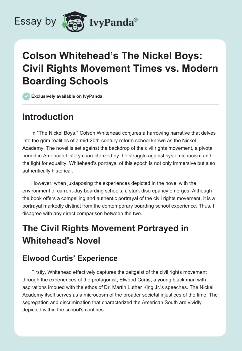 Colson Whitehead’s The Nickel Boys: Civil Rights Movement Times vs. Modern Boarding Schools. Page 1