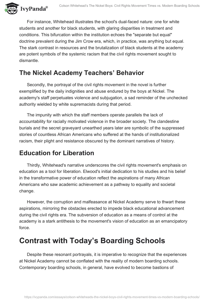 Colson Whitehead’s The Nickel Boys: Civil Rights Movement Times vs. Modern Boarding Schools. Page 2