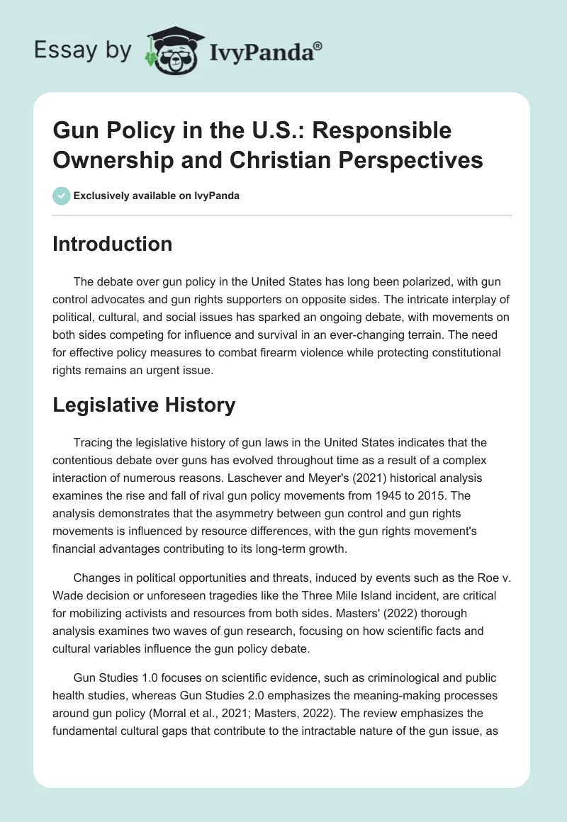 Gun Policy in the U.S.: Responsible Ownership and Christian Perspectives. Page 1