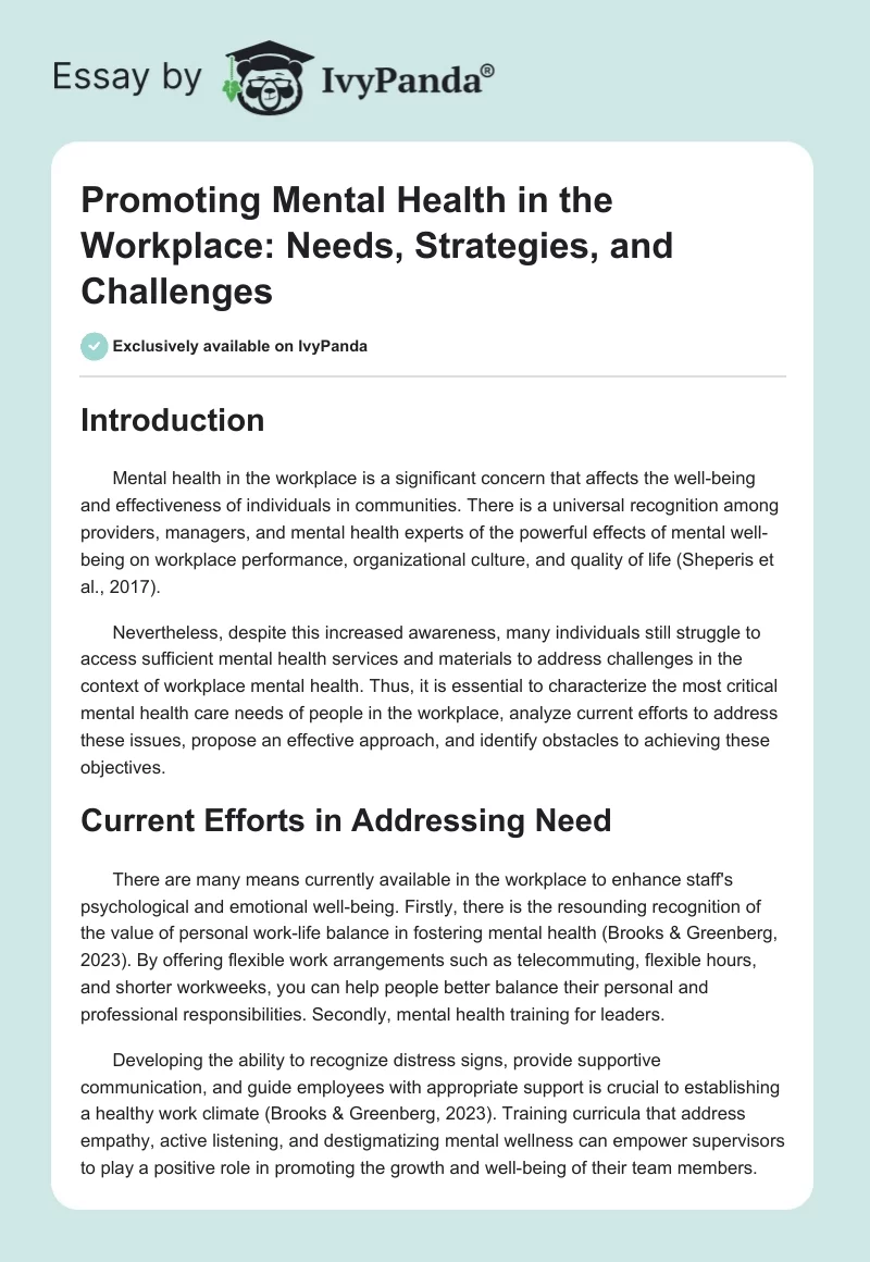 Promoting Mental Health in the Workplace: Needs, Strategies, and Challenges. Page 1
