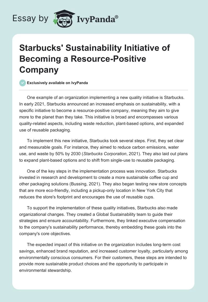 Starbucks' Sustainability Initiative of Becoming a Resource-Positive Company. Page 1