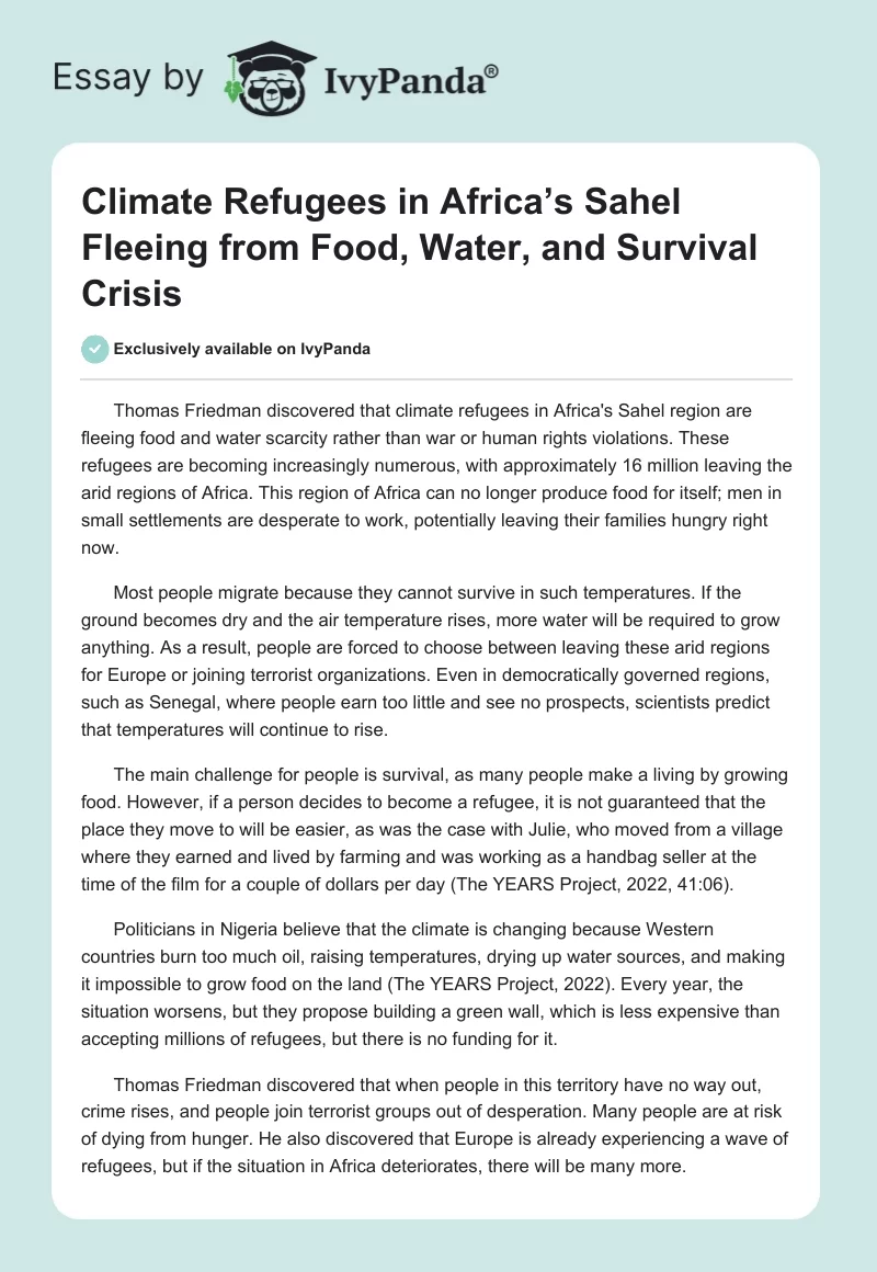 Climate Refugees in Africa’s Sahel Fleeing from Food, Water, and Survival Crisis. Page 1