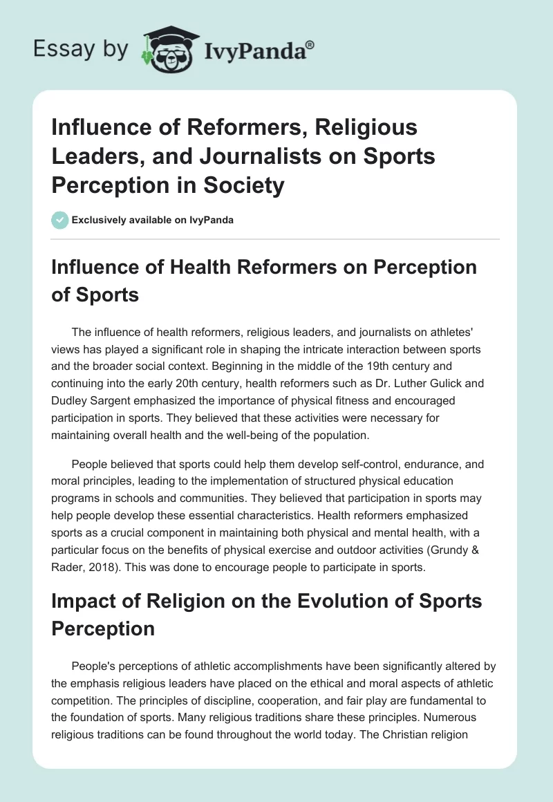 Influence of Reformers, Religious Leaders, and Journalists on Sports Perception in Society. Page 1