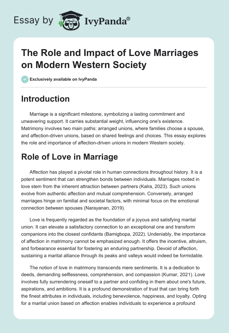 The Role and Impact of Love Marriages on Modern Western Society. Page 1