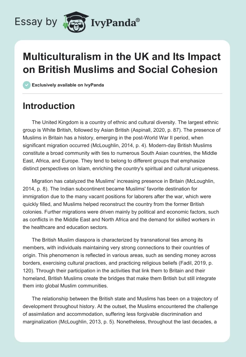 Multiculturalism in the UK and Its Impact on British Muslims and Social Cohesion. Page 1