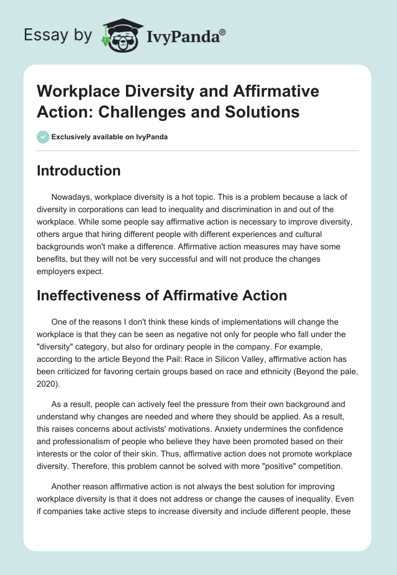 Workplace Diversity and Affirmative Action: Challenges and Solutions. Page 1