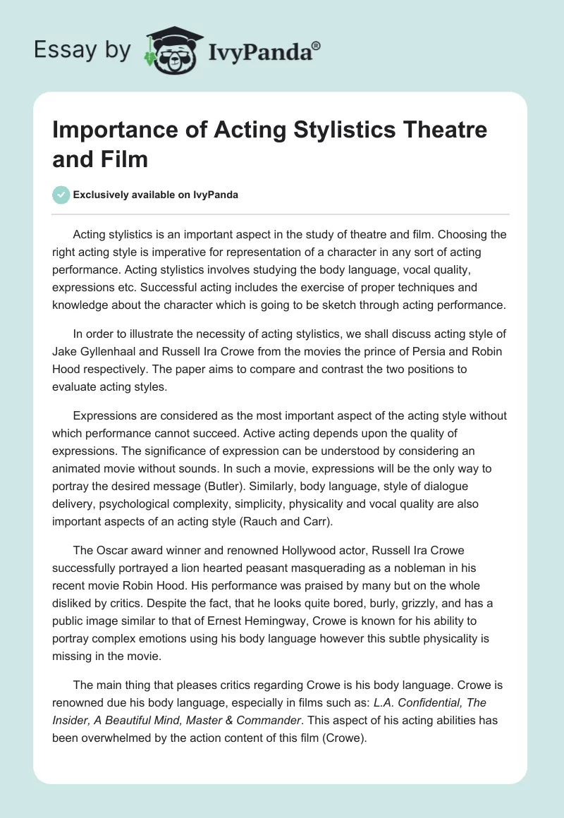 Importance of Acting Stylistics Theatre and Film. Page 1