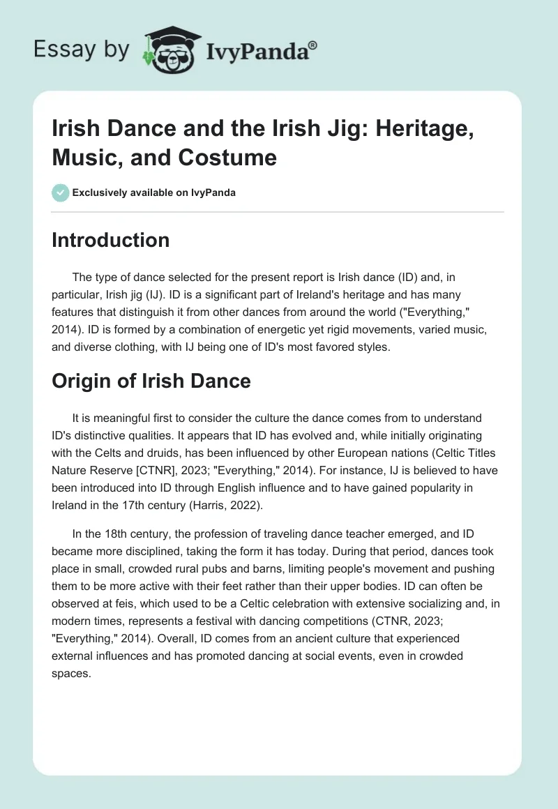 Irish Dance and the Irish Jig: Heritage, Music, and Costume. Page 1