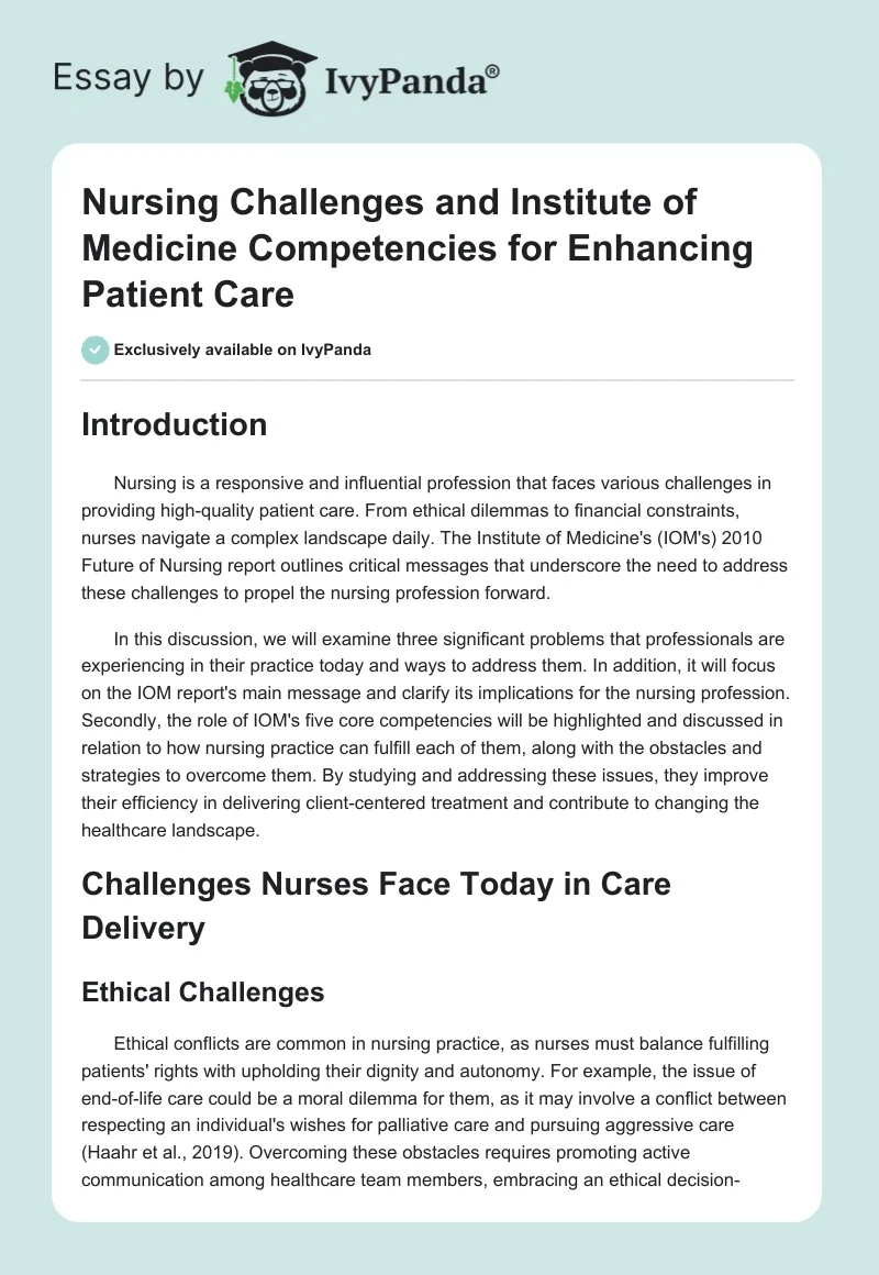 Nursing Challenges and Institute of Medicine Competencies for Enhancing Patient Care. Page 1