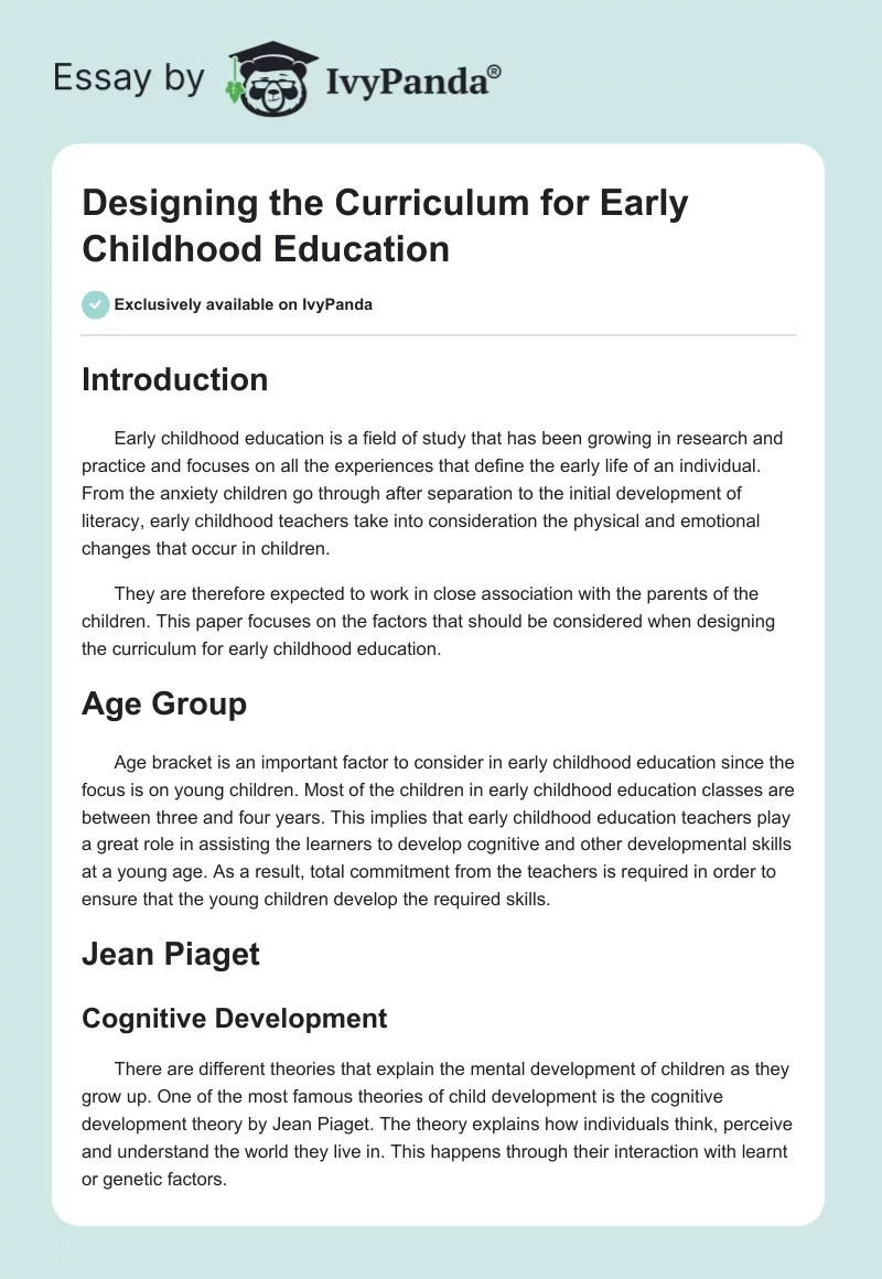 Designing the Curriculum for Early Childhood Education. Page 1