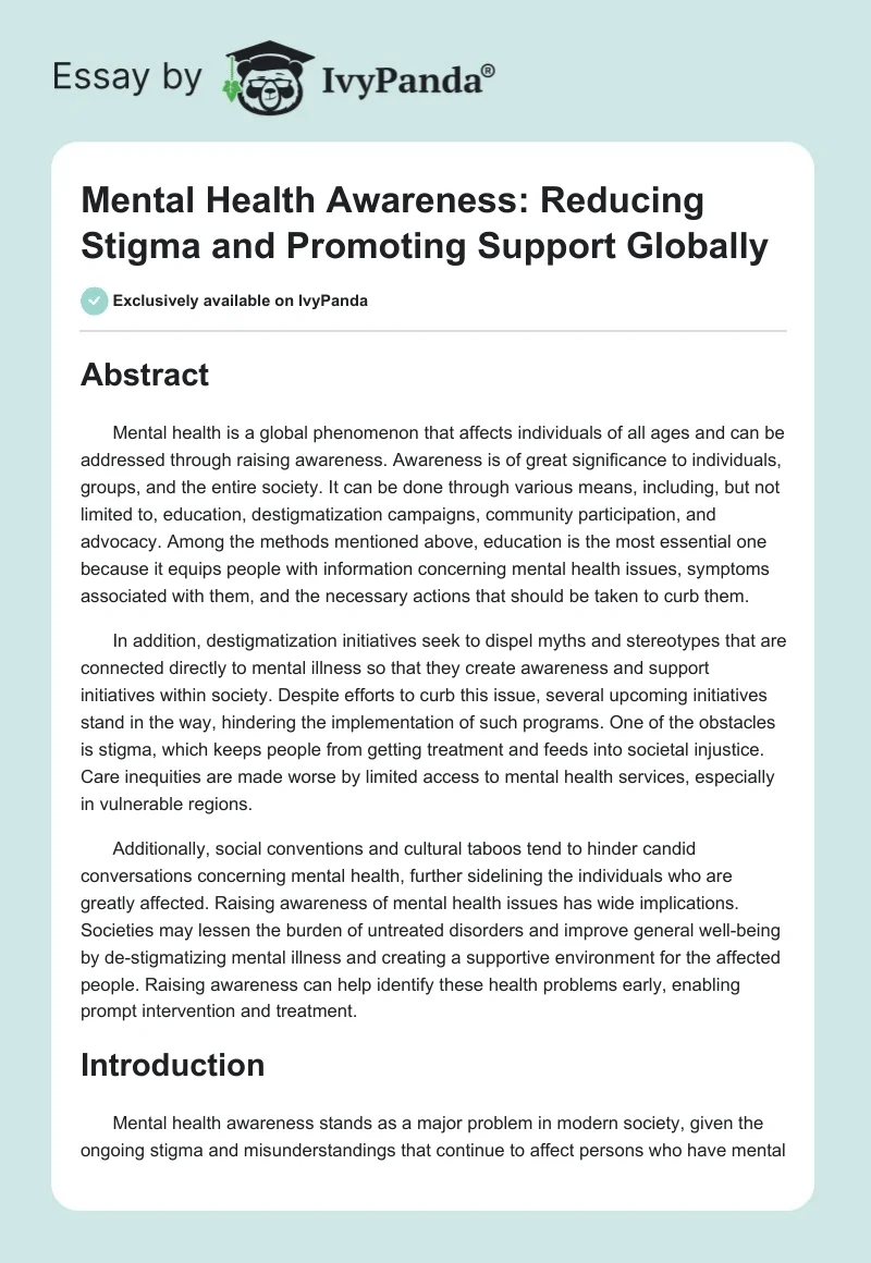 Mental Health Awareness: Reducing Stigma and Promoting Support Globally. Page 1