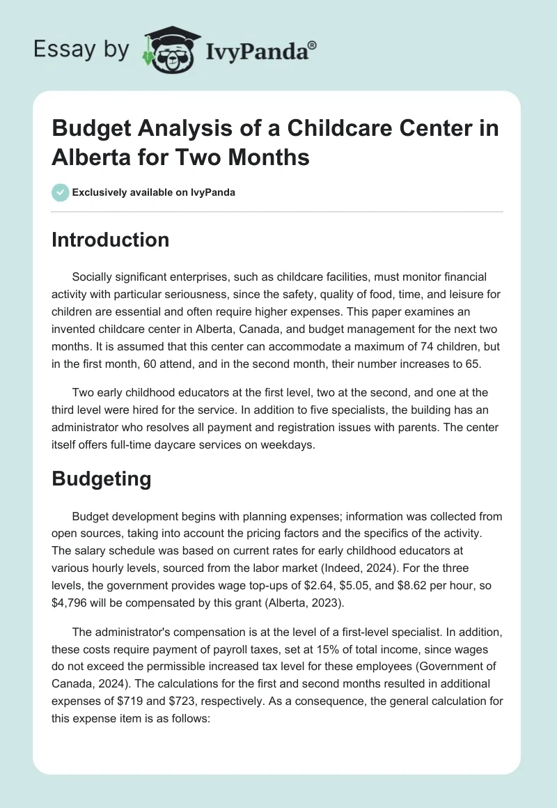Budget Analysis of a Childcare Center in Alberta for Two Months. Page 1