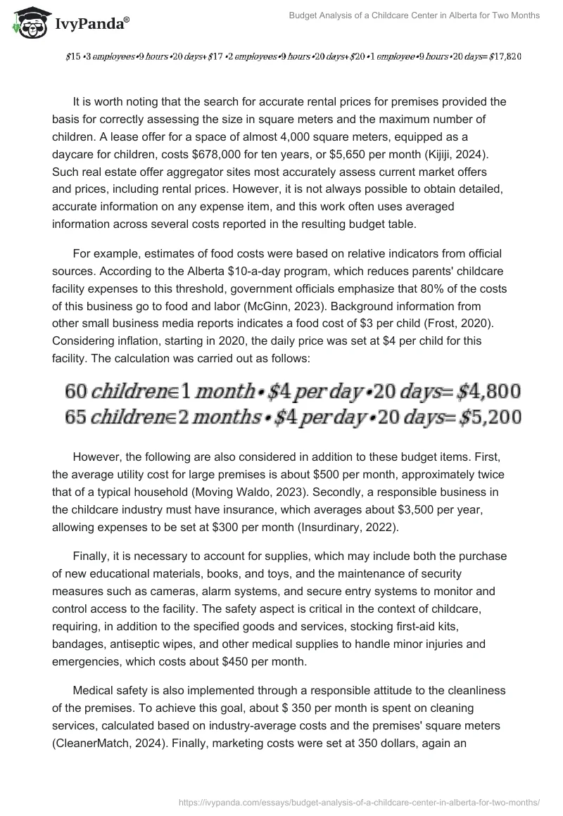 Budget Analysis of a Childcare Center in Alberta for Two Months. Page 2