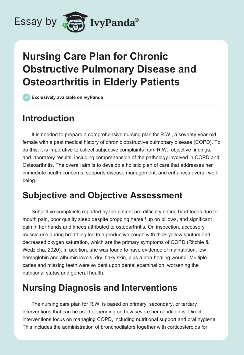 Nursing Care Plan for Chronic Obstructive Pulmonary Disease and Osteoarthritis in Elderly Patients. Page 1