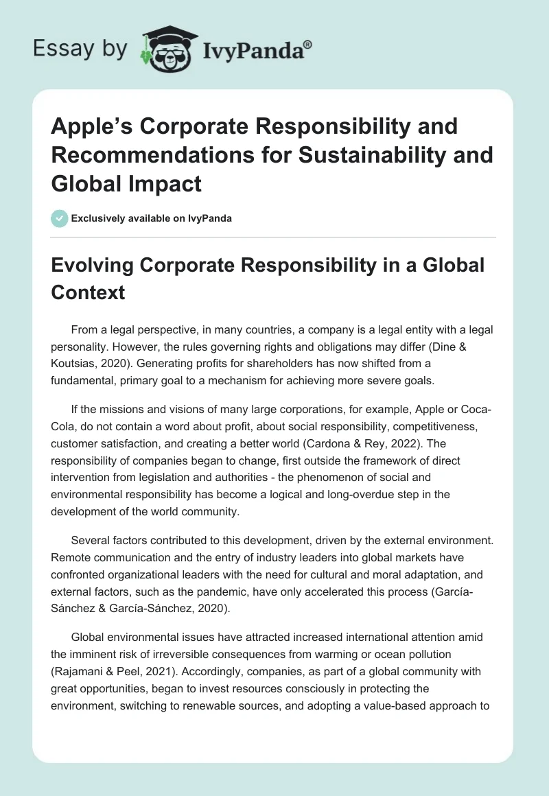 Apple’s Corporate Responsibility and Recommendations for Sustainability and Global Impact. Page 1