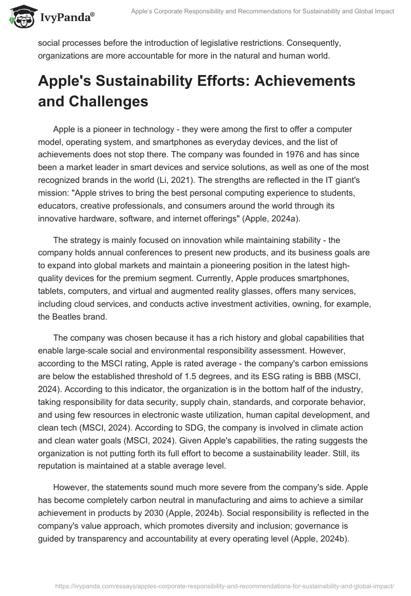 Apple’s Corporate Responsibility and Recommendations for Sustainability and Global Impact. Page 2