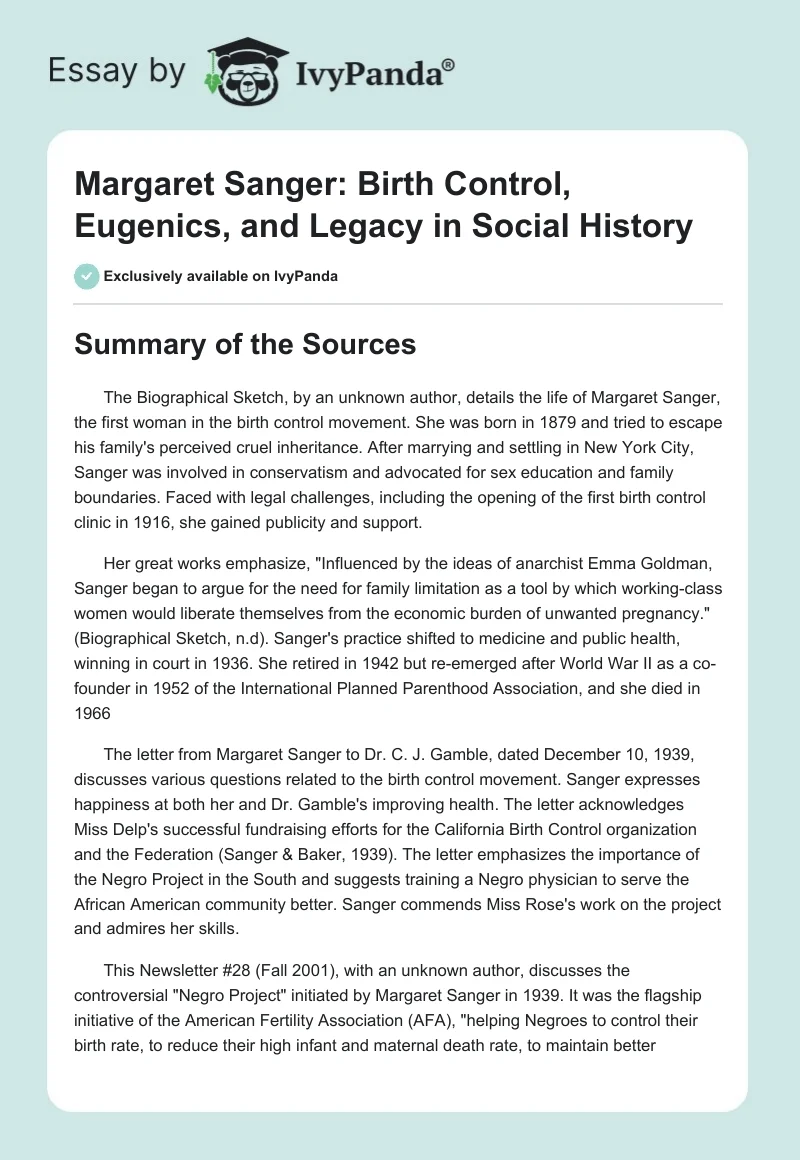 Margaret Sanger: Birth Control, Eugenics, and Legacy in Social History. Page 1