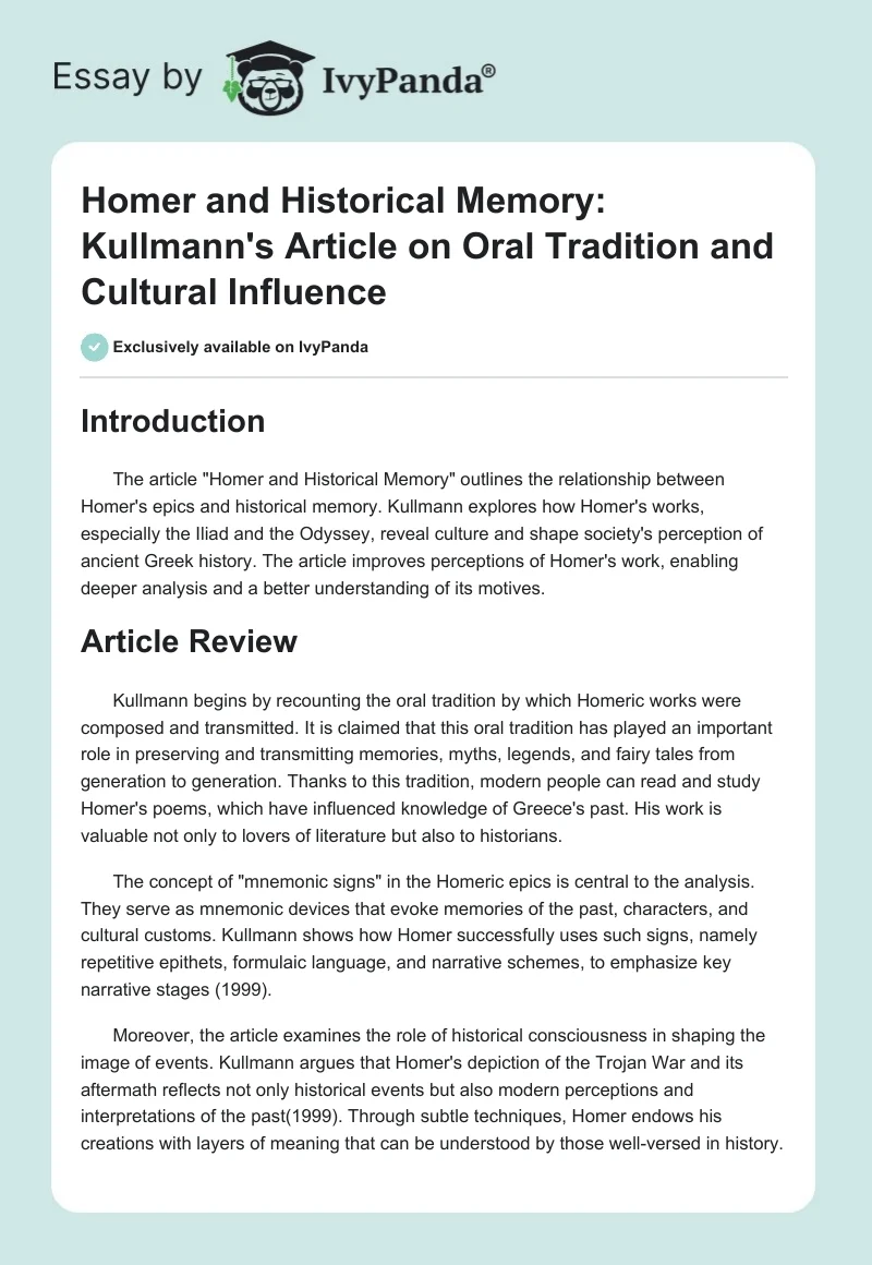 Homer and Historical Memory: Kullmann's Article on Oral Tradition and Cultural Influence. Page 1