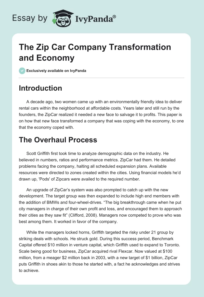 The Zip Car Company Transformation and Economy. Page 1