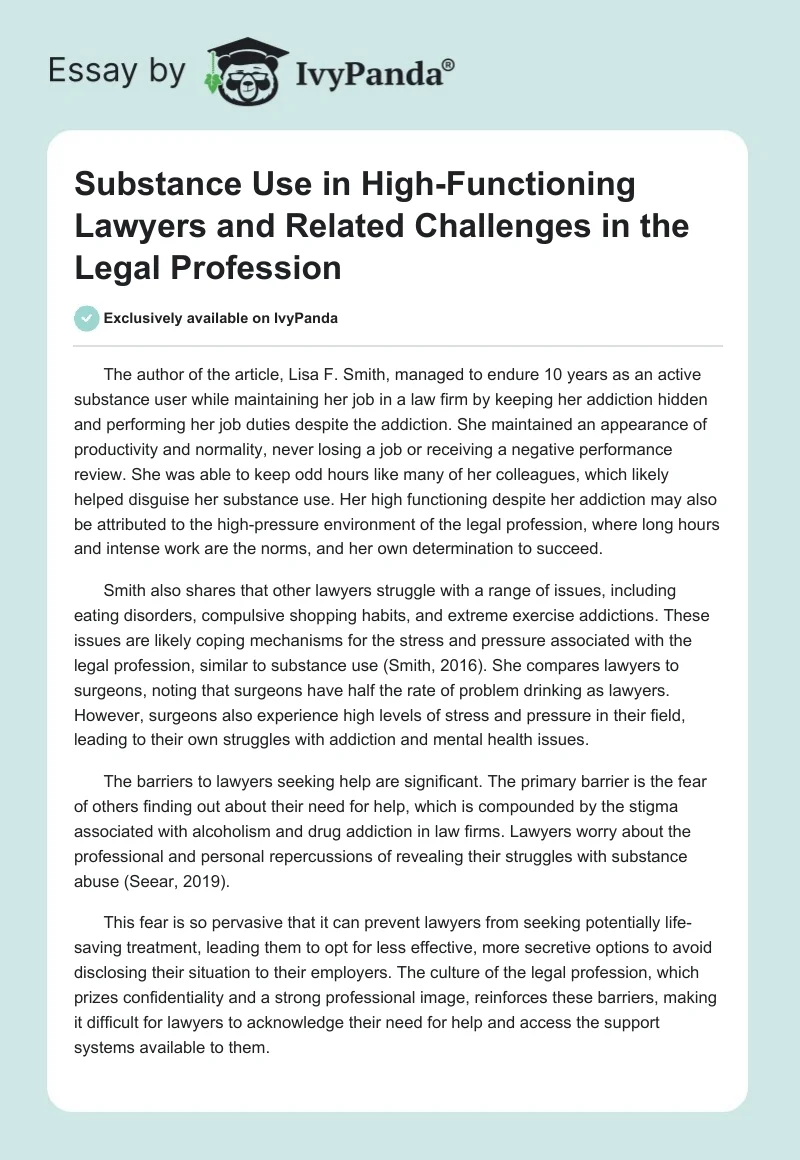 Substance Use in High-Functioning Lawyers and Related Challenges in the Legal Profession. Page 1