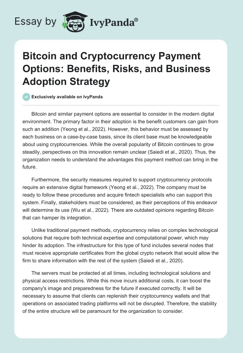 Bitcoin and Cryptocurrency Payment Options: Benefits, Risks, and Business Adoption Strategy. Page 1