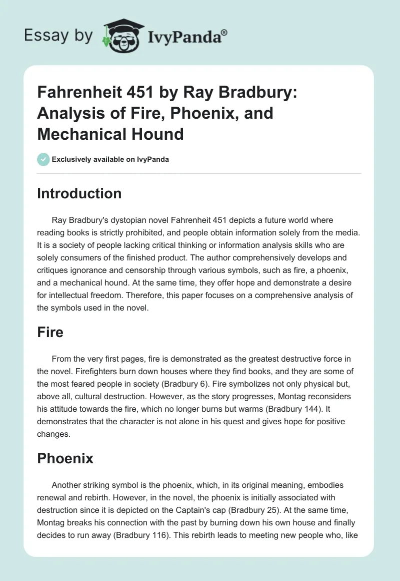 Fahrenheit 451 by Ray Bradbury: Analysis of Fire, Phoenix, and Mechanical Hound. Page 1