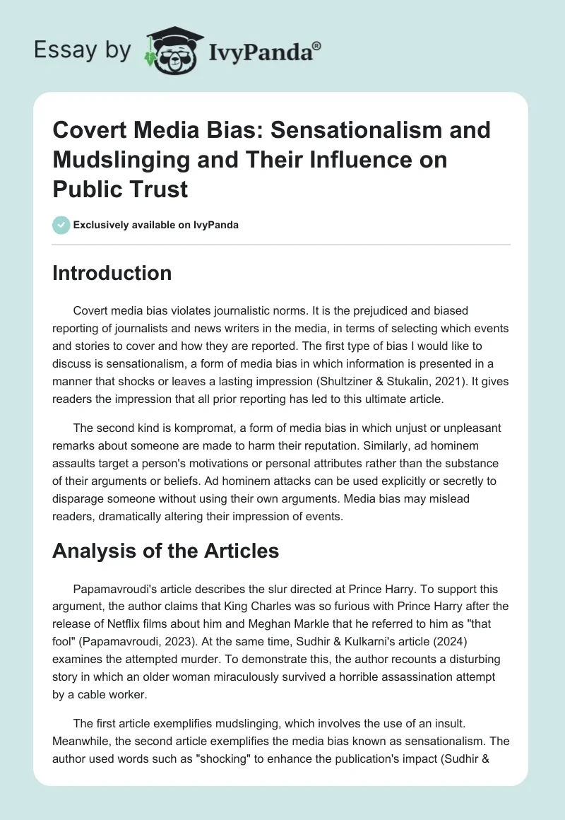 Covert Media Bias: Sensationalism and Mudslinging and Their Influence on Public Trust. Page 1