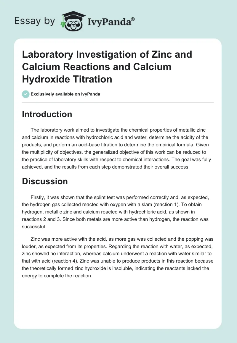 Laboratory Investigation of Zinc and Calcium Reactions and Calcium Hydroxide Titration. Page 1