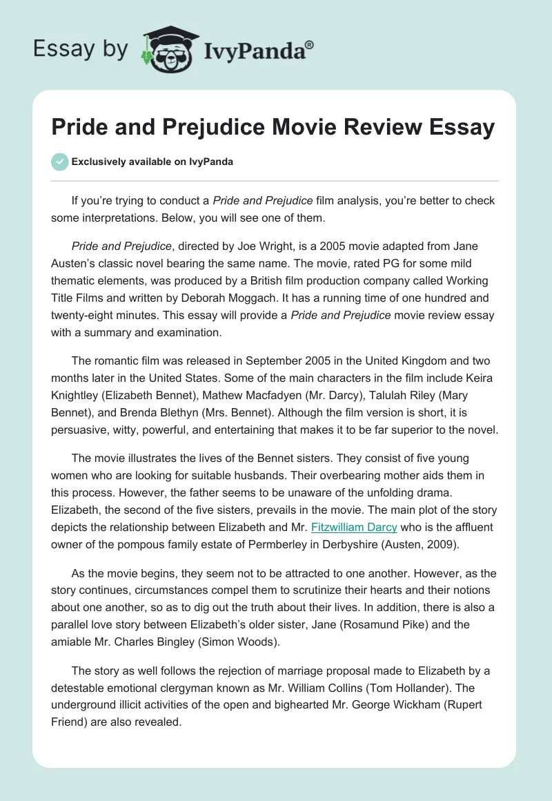 pride and prejudice movie essay