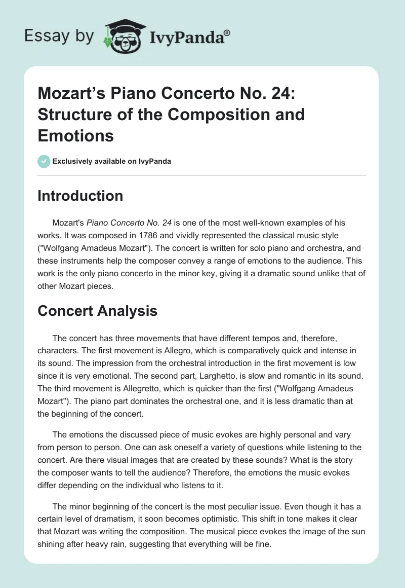 Mozart’s Piano Concerto No. 24: Structure of the Composition and Emotions. Page 1