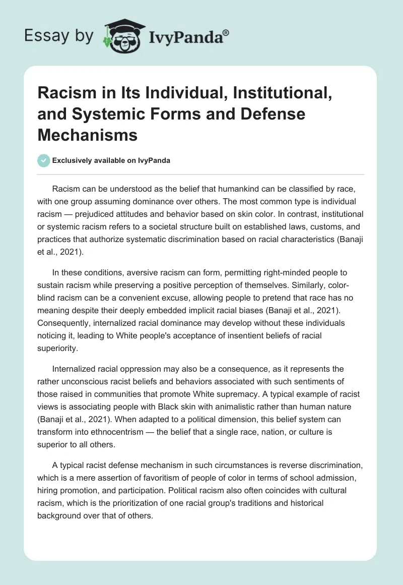 Racism in Its Individual, Institutional, and Systemic Forms and Defense Mechanisms. Page 1