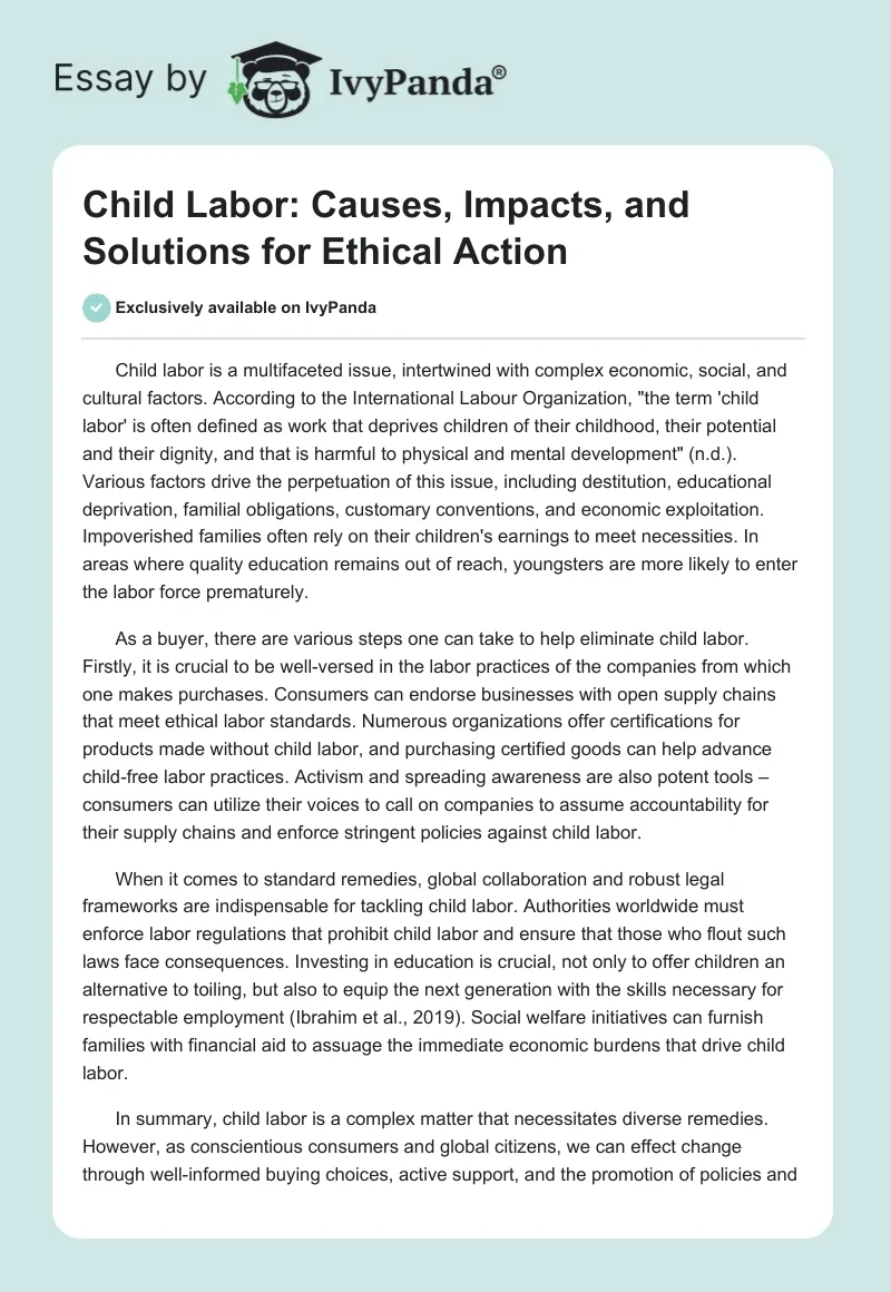 Child Labor: Causes, Impacts, and Solutions for Ethical Action. Page 1