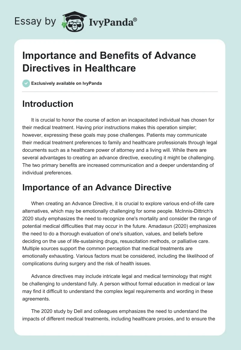 Importance and Benefits of Advance Directives in Healthcare. Page 1