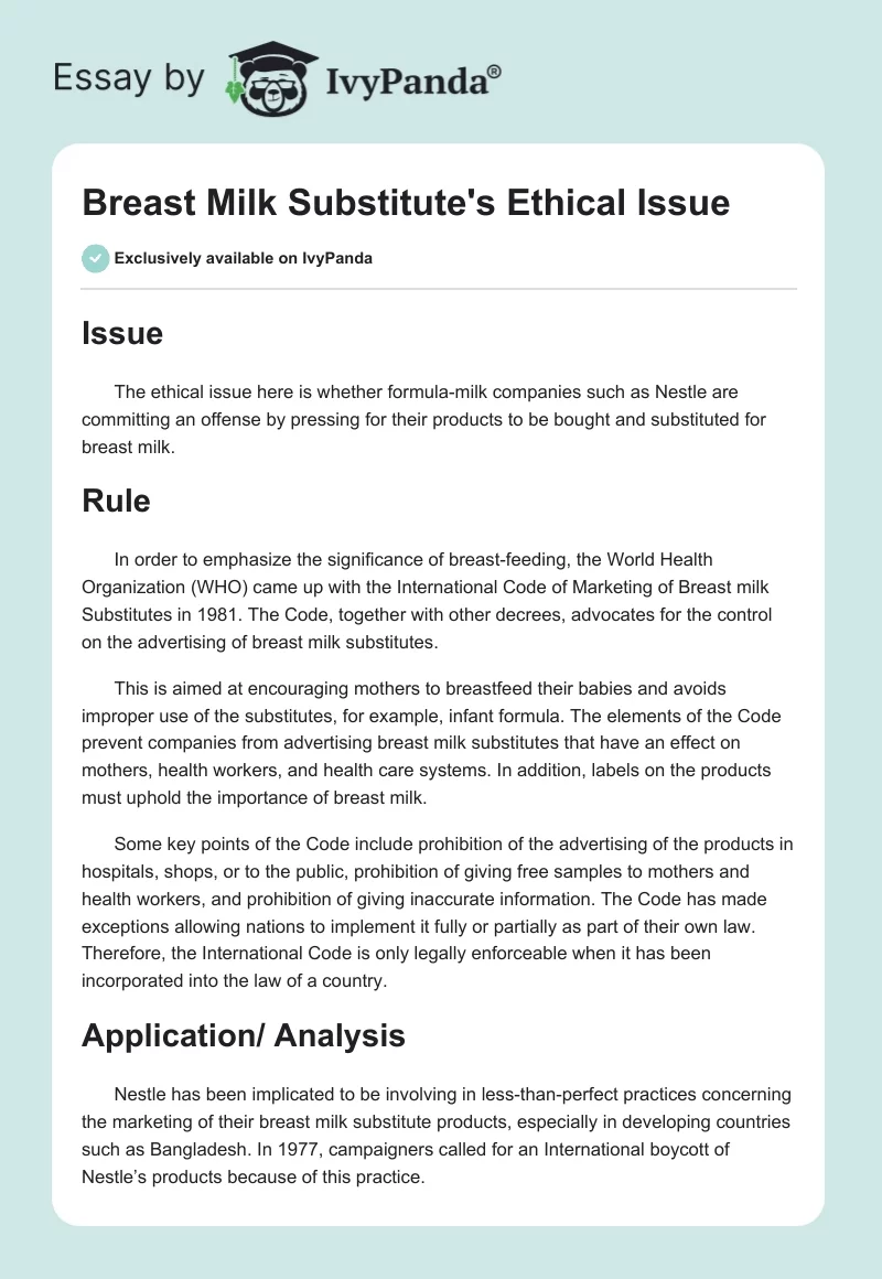 Breast Milk Substitute's Ethical Issue. Page 1