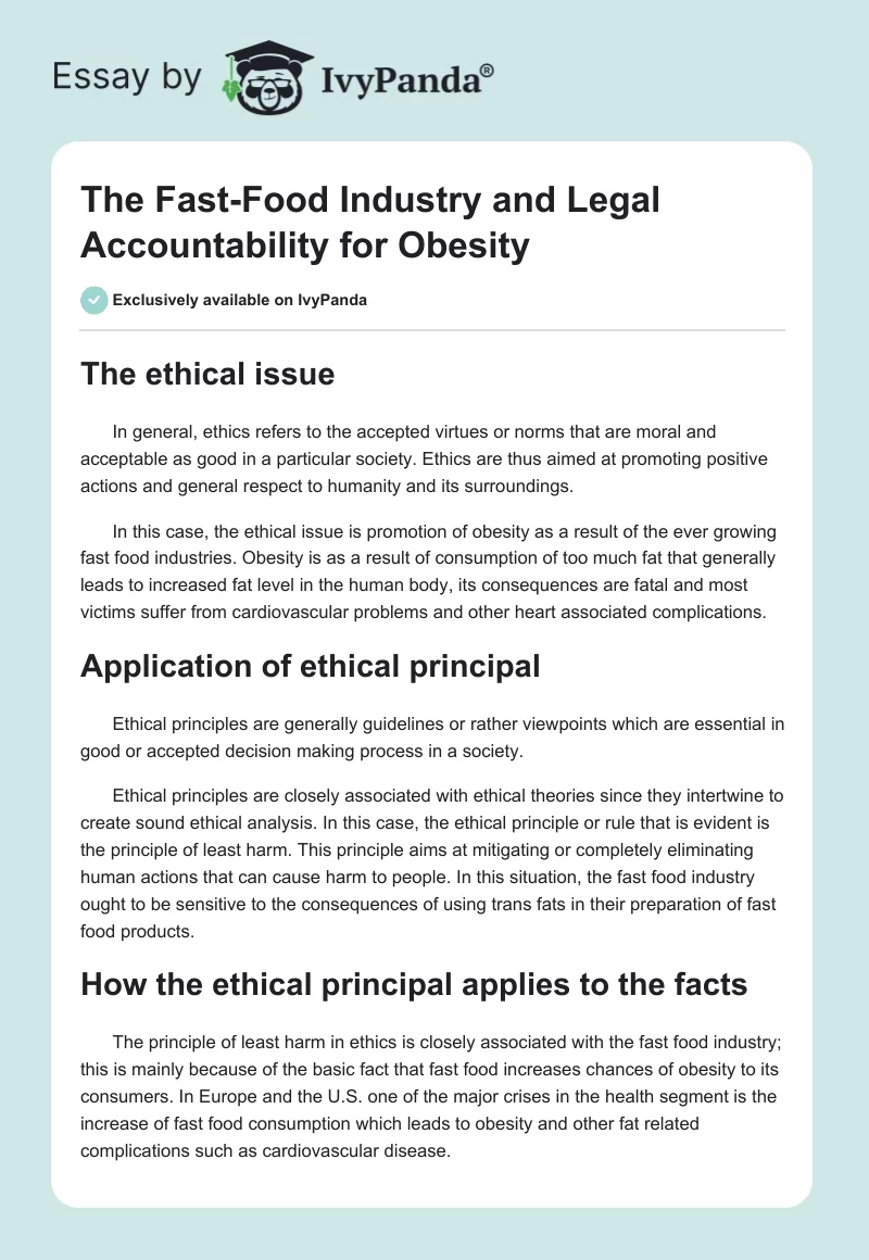 The Fast-Food Industry and Legal Accountability for Obesity. Page 1