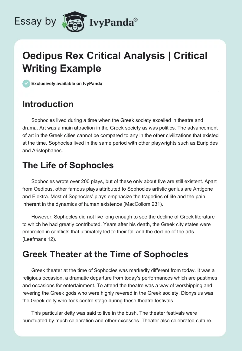 Critical Analysis of Oedipus Rex. Page 1