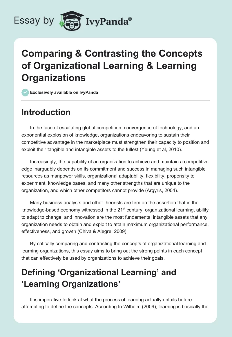 Comparing & Contrasting the Concepts of Organizational Learning & Learning Organizations. Page 1