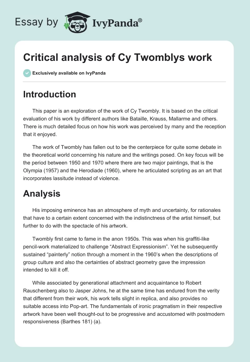 Critical analysis of Cy Twomblys work. Page 1